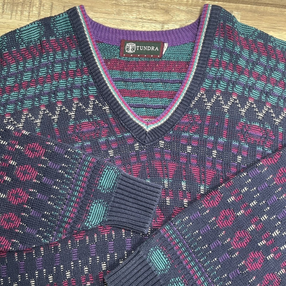 TUNDRA CANADA Vintage Geometric Pattern V Neck Sweater Mens Large‎ Coogi Style